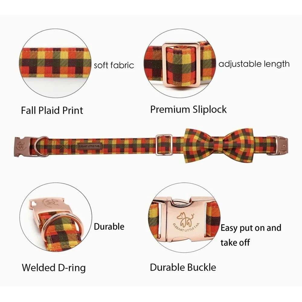 Elegant Little Tail XS Dog Collar & Bow Yellow Plaid Grid‎ Unisex Adjustable New